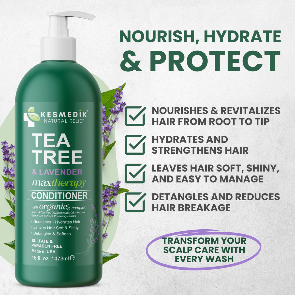 KESMEDIK Tea Tree Lavender Mint conditioner pour demonstrates smooth detangling