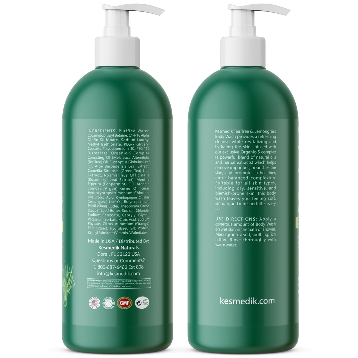 KESMEDIK Tea Tree Lemongrass Body Wash 2-pack display emphasizes value and convenience.