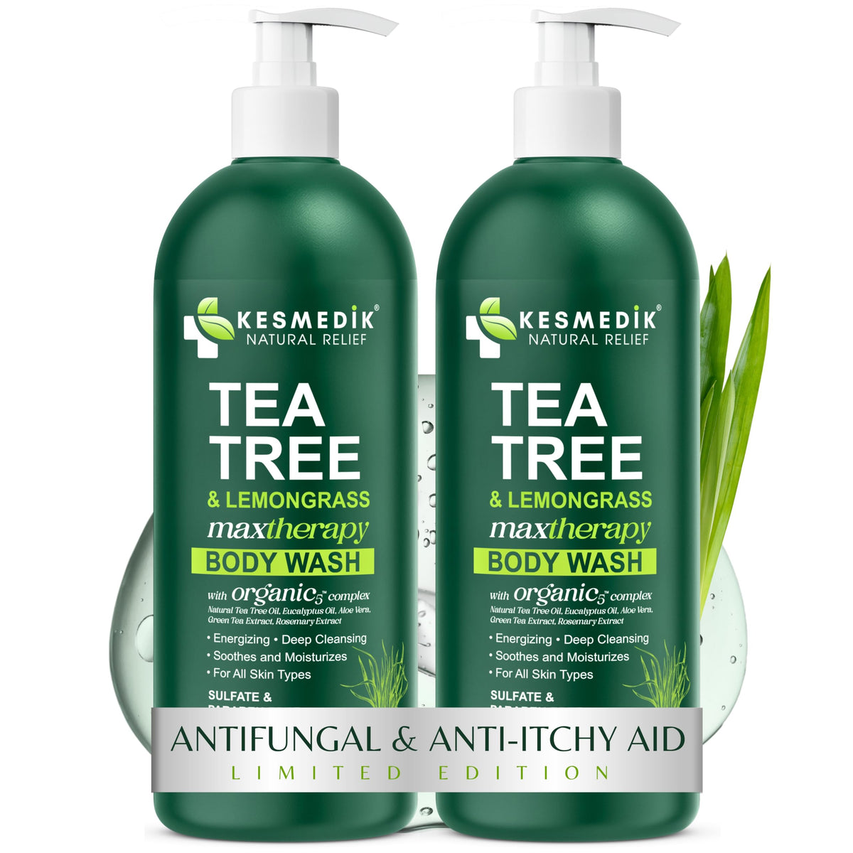 KESMEDIK Tea Tree Lemongrass Body Wash bottle highlights fresh scent for daily cleansing.