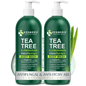 KESMEDIK Tea Tree Lemongrass Body Wash bottle highlights fresh scent for daily cleansing.