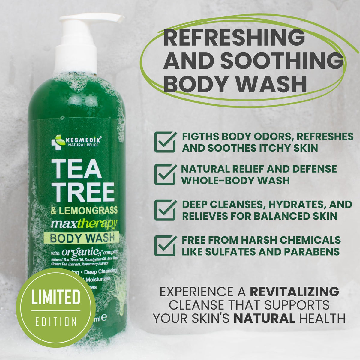 KESMEDIK Tea Tree Lemongrass Body Wash ingredients panel highlights aloe vera and green tea benefits.
