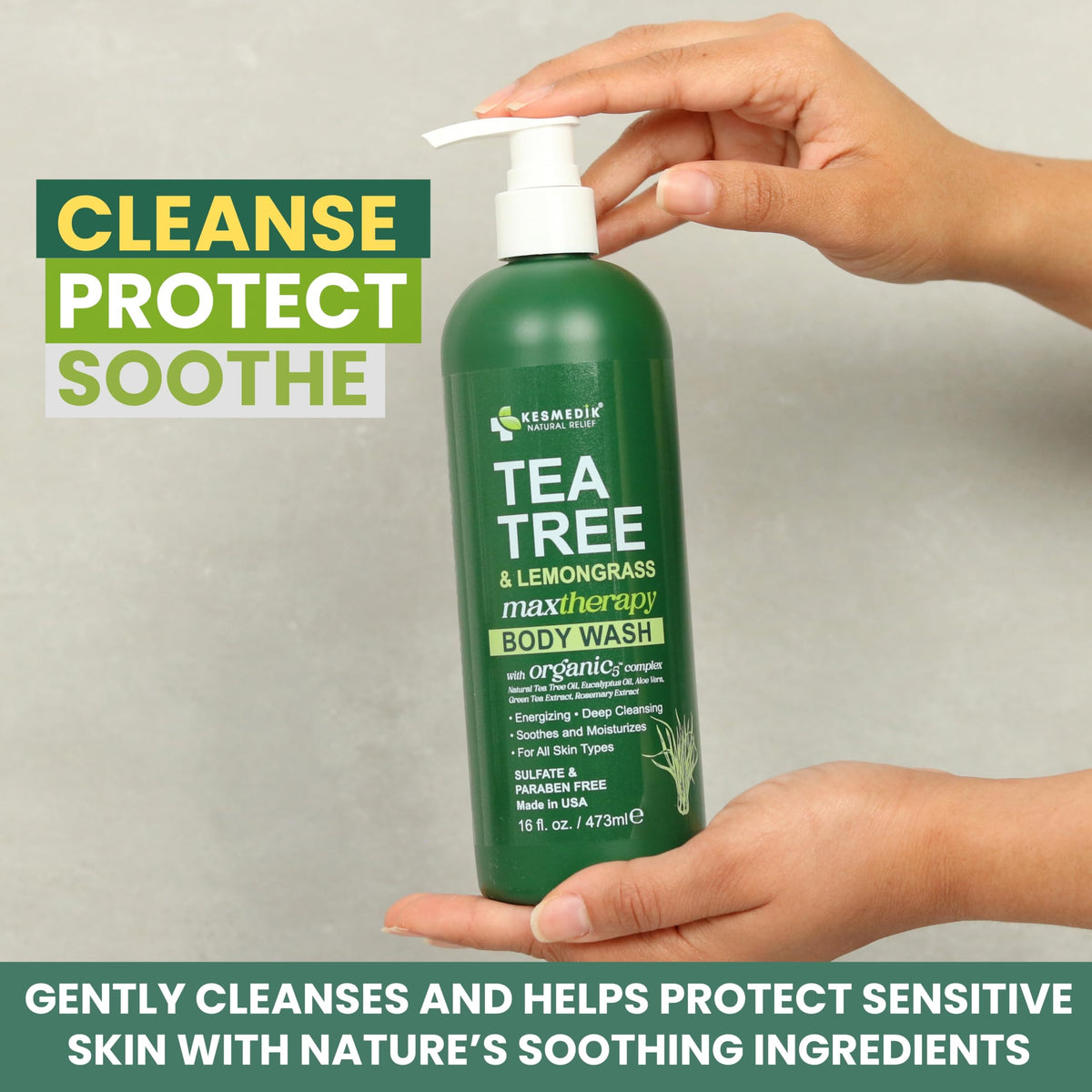 KESMEDIK Tea Tree Lemongrass Body Wash pump top demonstrates easy daily usage.