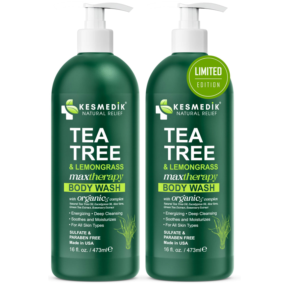 KESMEDIK Tea Tree Lemongrass Body Wash USA-made label communicates quality.