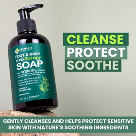 KESMEDIK Tea Tree Oil Soap near feet area suggesting odor and itch relief use.