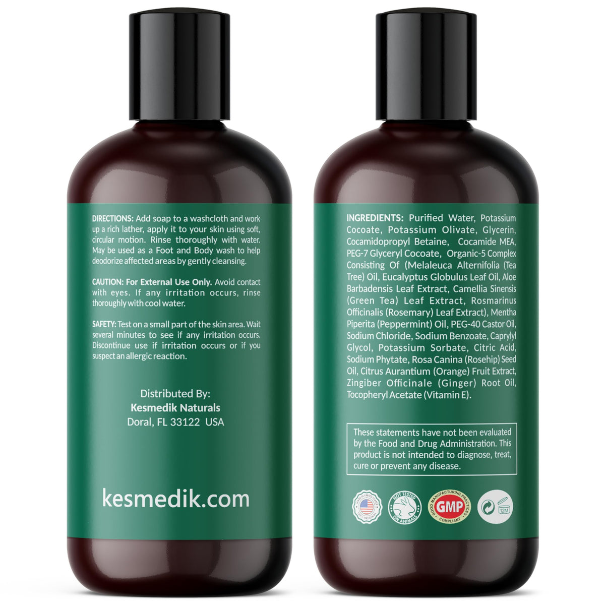 KESMEDIK Tea Tree Oil Soap label highlighting USA-made organic ingredients.