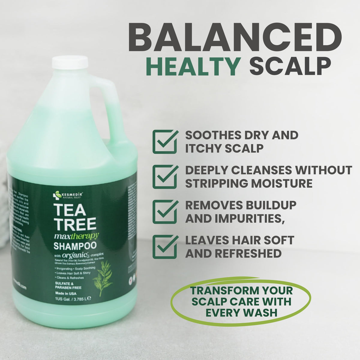 KESMEDIK Tea Tree Shampoo bottle label front shows brand identity for bulk orders.