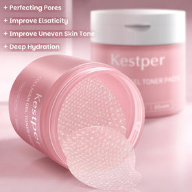 Kestper collagen gel toner pad face close-up shows refreshing, non-greasy texture.