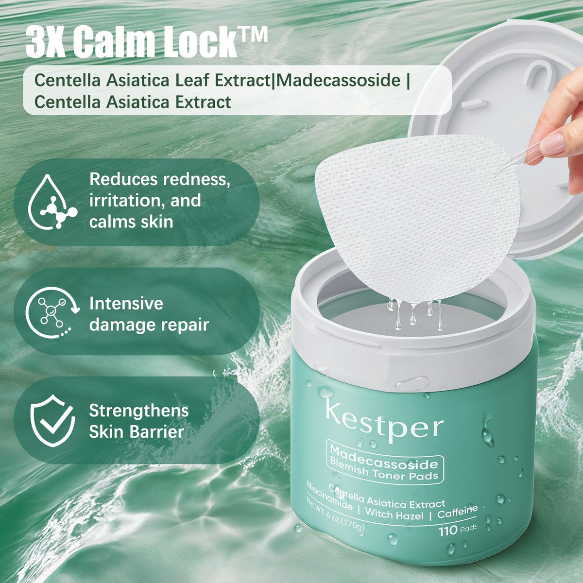 Kestper Madecassoside & Caffeine Toner Pads barrier-boost closeup for hydration