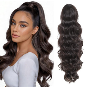 KETHBE ponytail extension 24in dark brown on model for instant volumizing effect