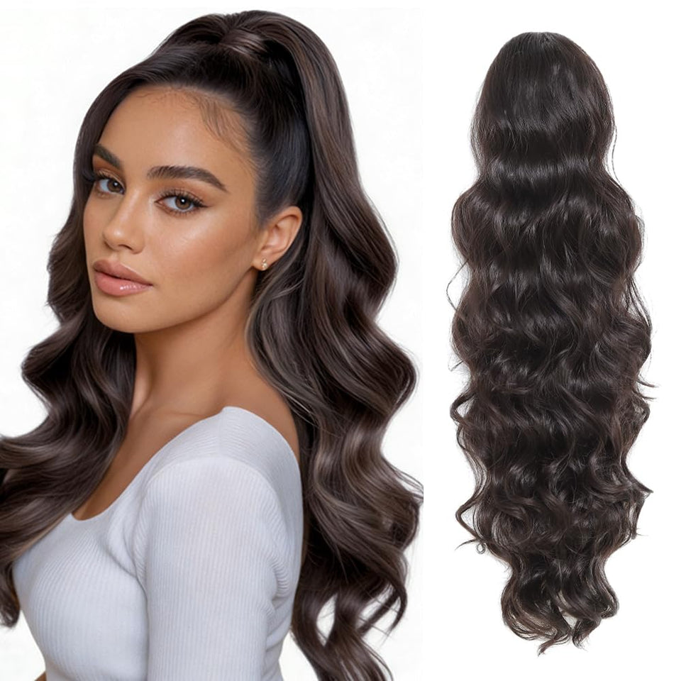 KETHBE ponytail extension 24in dark brown on model for instant volumizing effect