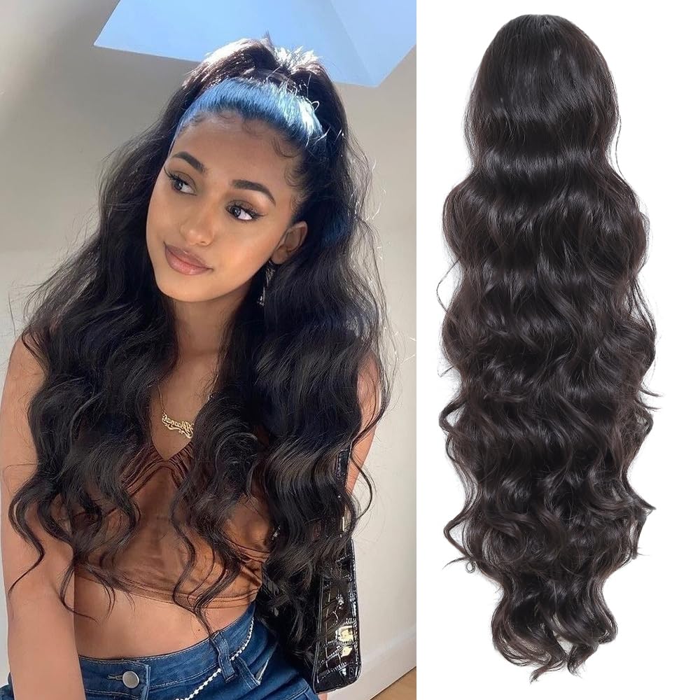 KETHBE ponytail extension 24inch drawstring close-up for secure daily wear.