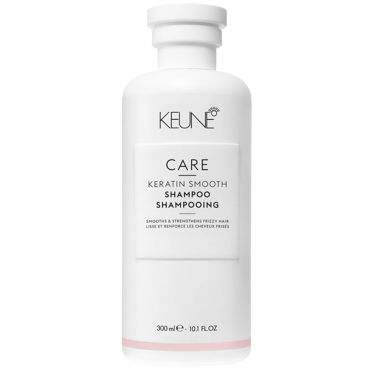 Keune Keratin Smoothing Shampoo bottle front showing frizz control and smooth results