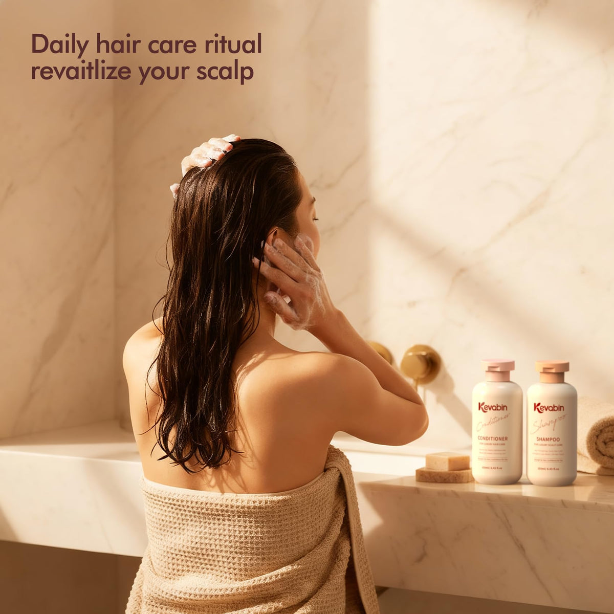 Kevabin packaging flatlay conveys a gift-worthy hair care set