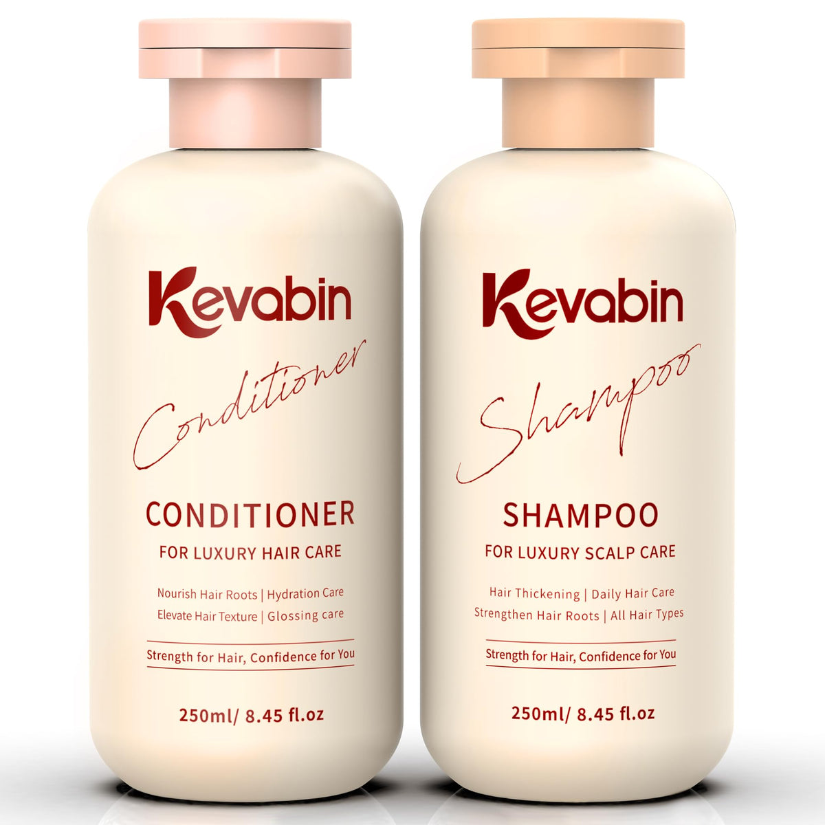 Kevabin Rosemary Shampoo bottle pour shows an invigorating cleanse for thinning hair