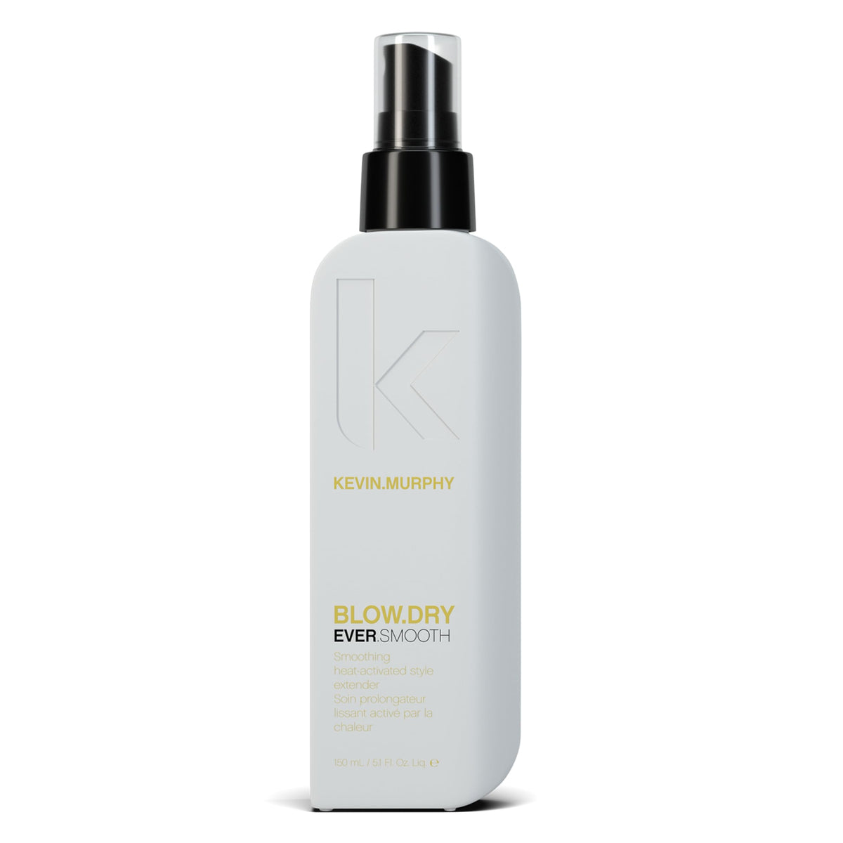 KEVIN.MURPHY BLOW.DRY EVER.SMOOTH bottle on vanity with sleek packaging for smooth styling at home.