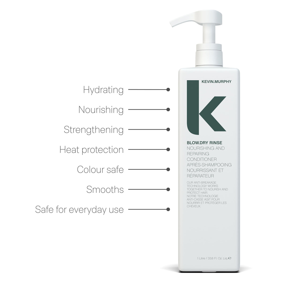 KEVIN.MURPHY BLOW.DRY RINSE bottle on shelf with anti-breakage technology note.