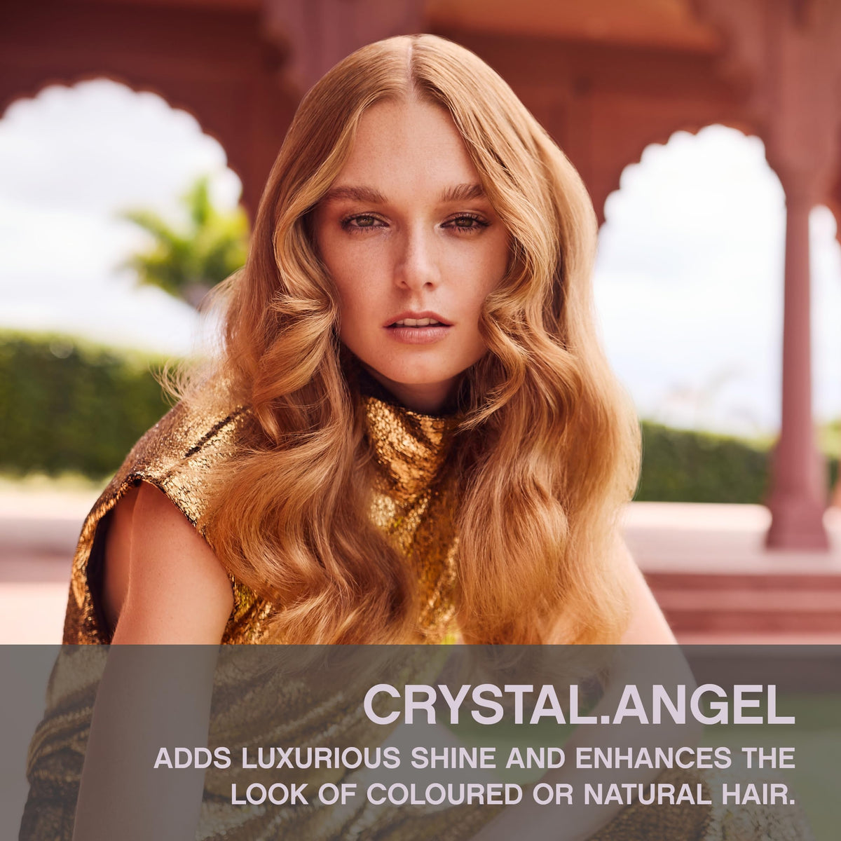 Crystal.Angel hair gloss close-up showing glossy, nourished strands.