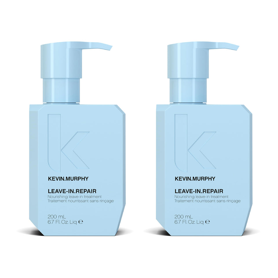 KEVIN.MURPHY LEAVE-IN.REPAIR bottle closeup showing keratin treatment for damaged hair and heat protection