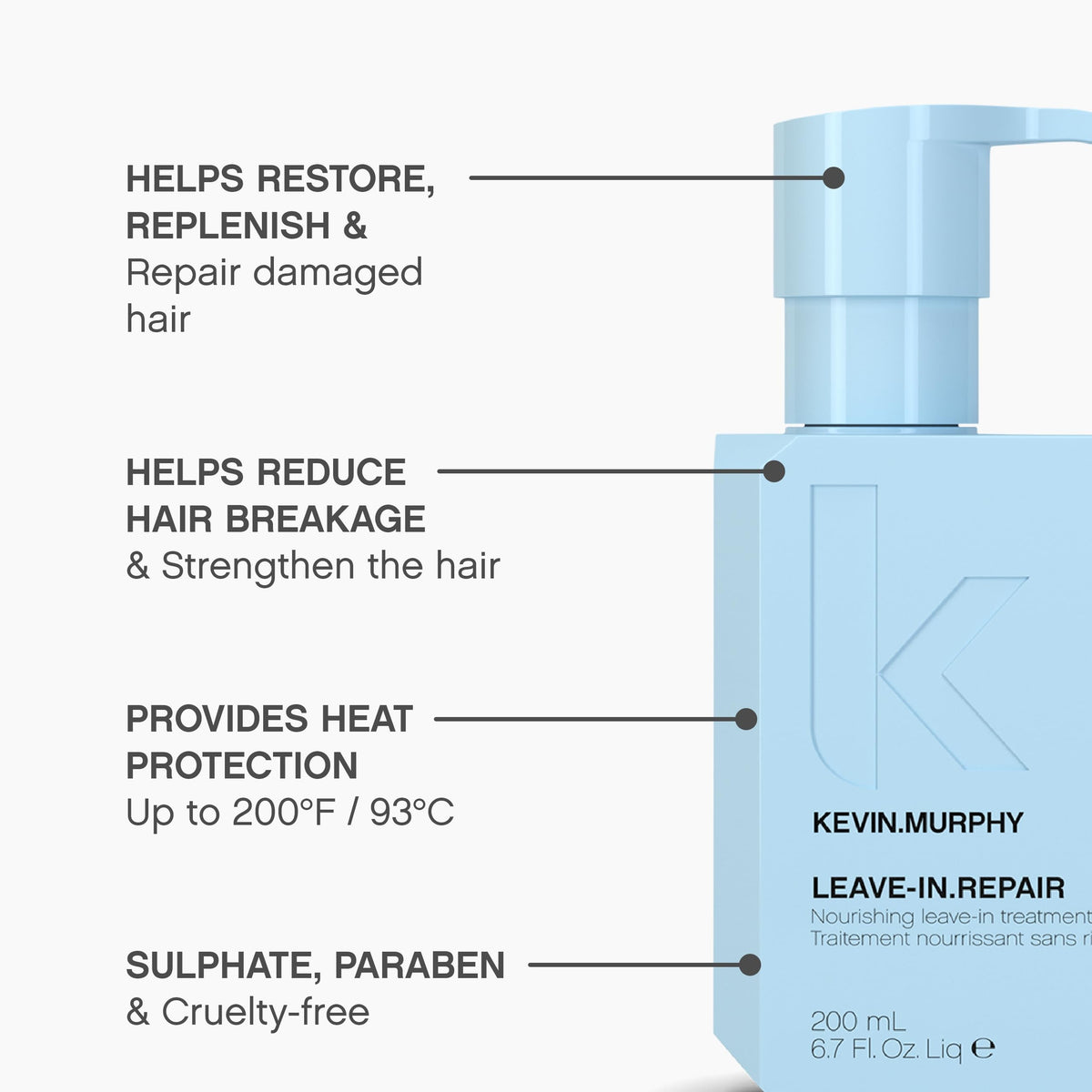 KEVIN.MURPHY LEAVE-IN.REPAIR glass bottle and glossy hair strand demonstrating shine