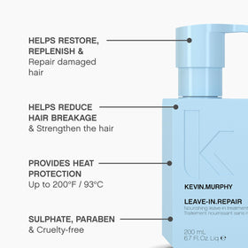 KEVIN.MURPHY LEAVE-IN.REPAIR glass bottle and glossy hair strand demonstrating shine