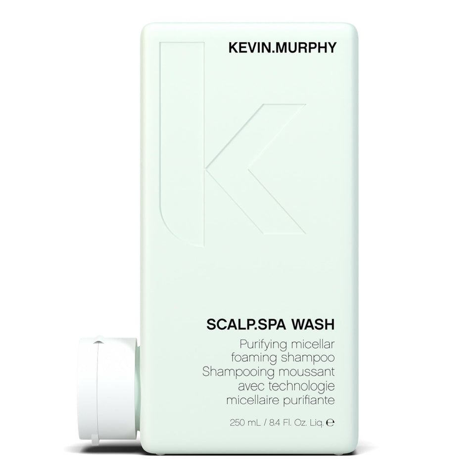 KEVIN.MURPHY SCALP.SPA WASH bottle on counter showing purifying scalp cleansing