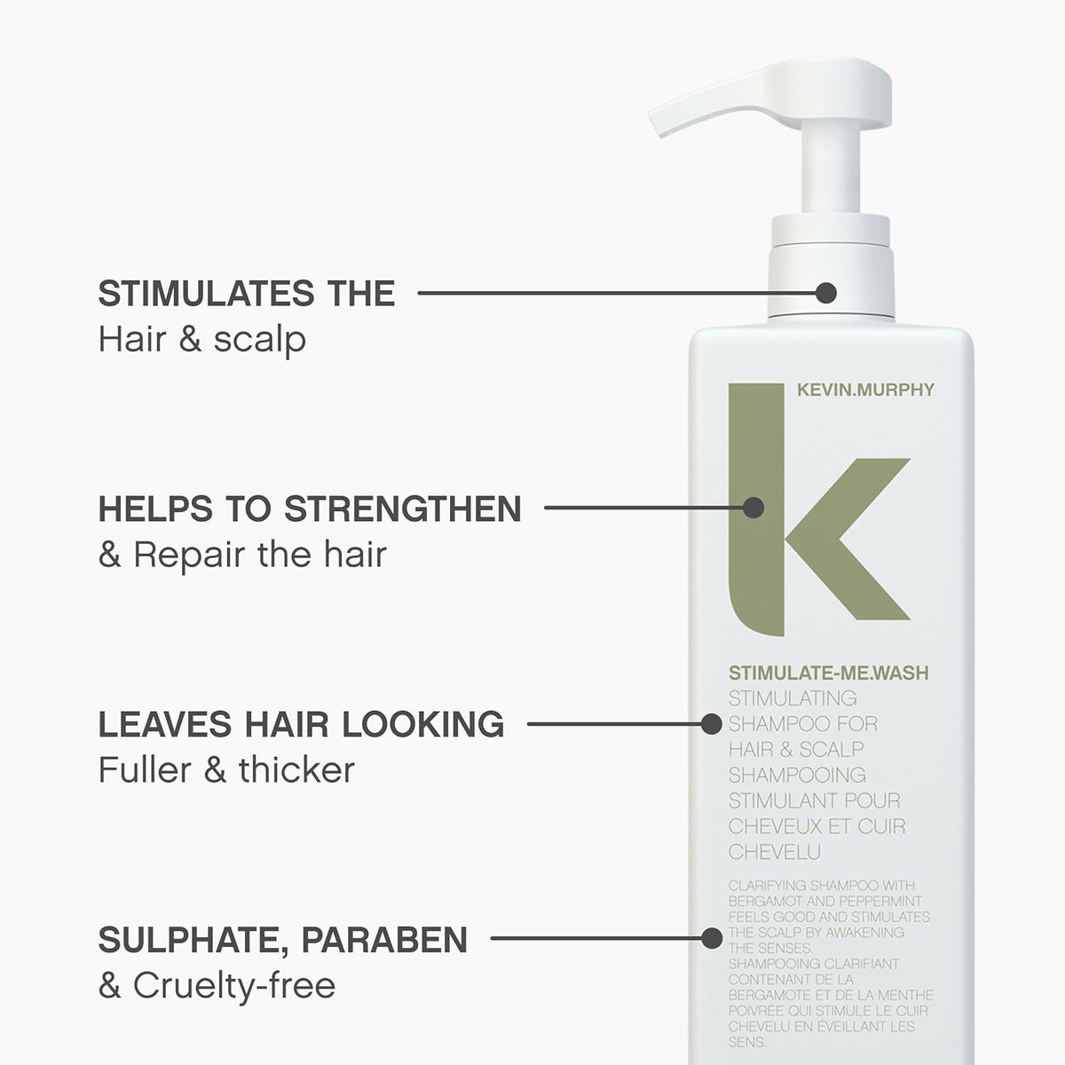 KEVIN.MURPHY Stimulate-Me.Wash bergamot notes on bottle cap evoke citrus freshness.