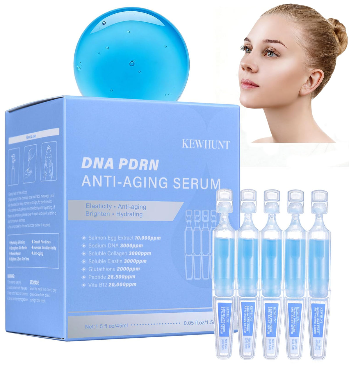 Kewhunt Salmon DNA PDRN Serum bottle with compact packaging for easy daily use.