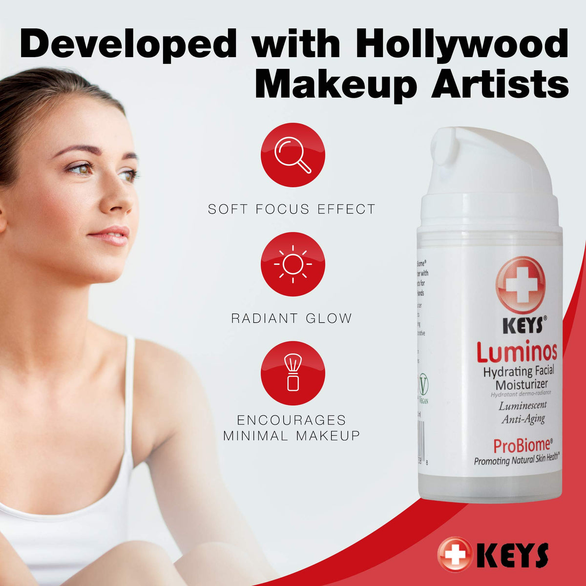 Keys Luminos applied on skin offers a calm soft-focus makeup base