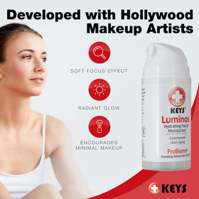 Keys Luminos applied on skin offers a calm soft-focus makeup base