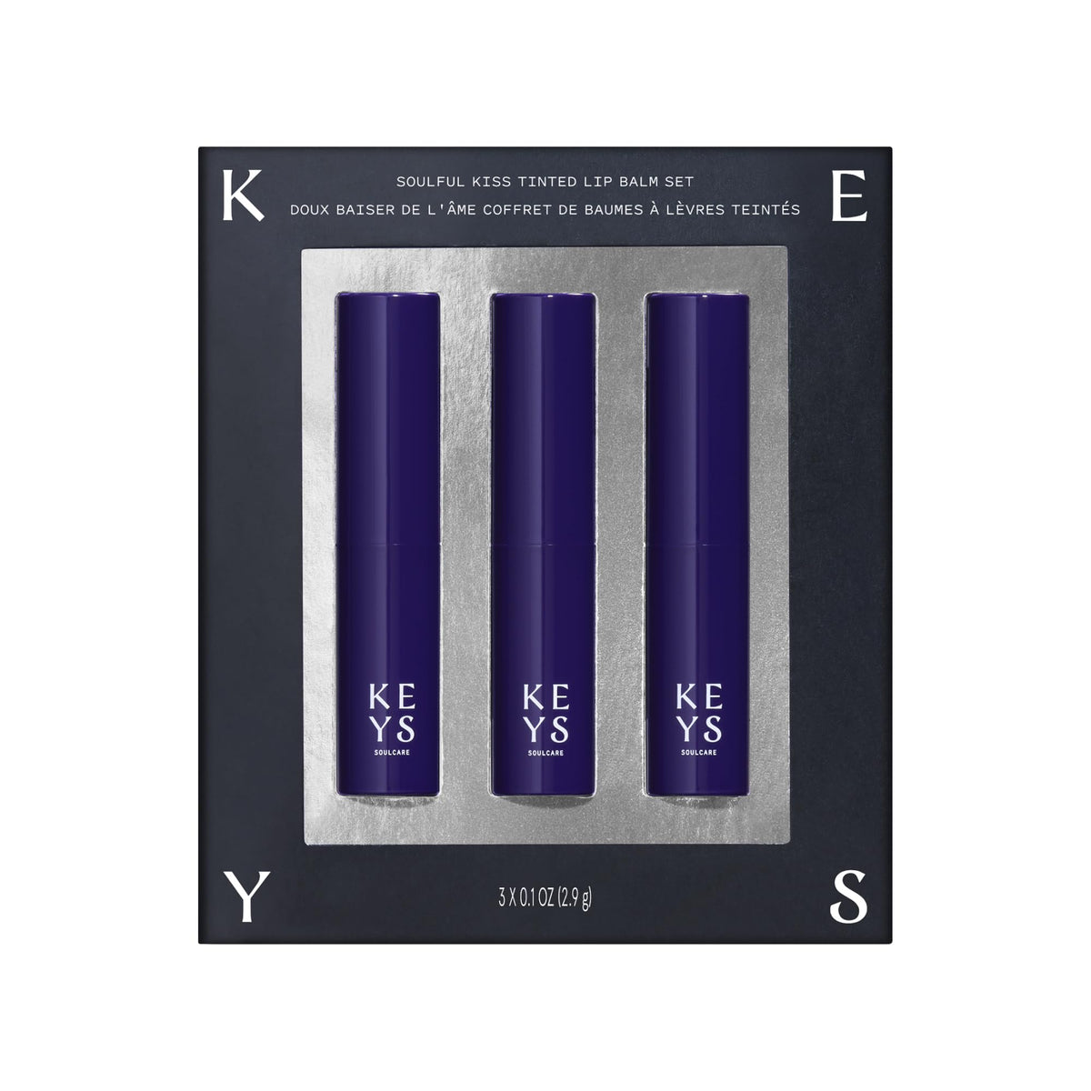 Keys Soulcare Soulful Kiss lip balm set front view showing packaging and product presence