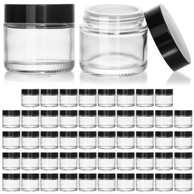 KeyWING 2oz glass jar with black lid, front view, ideal for sample cosmetics