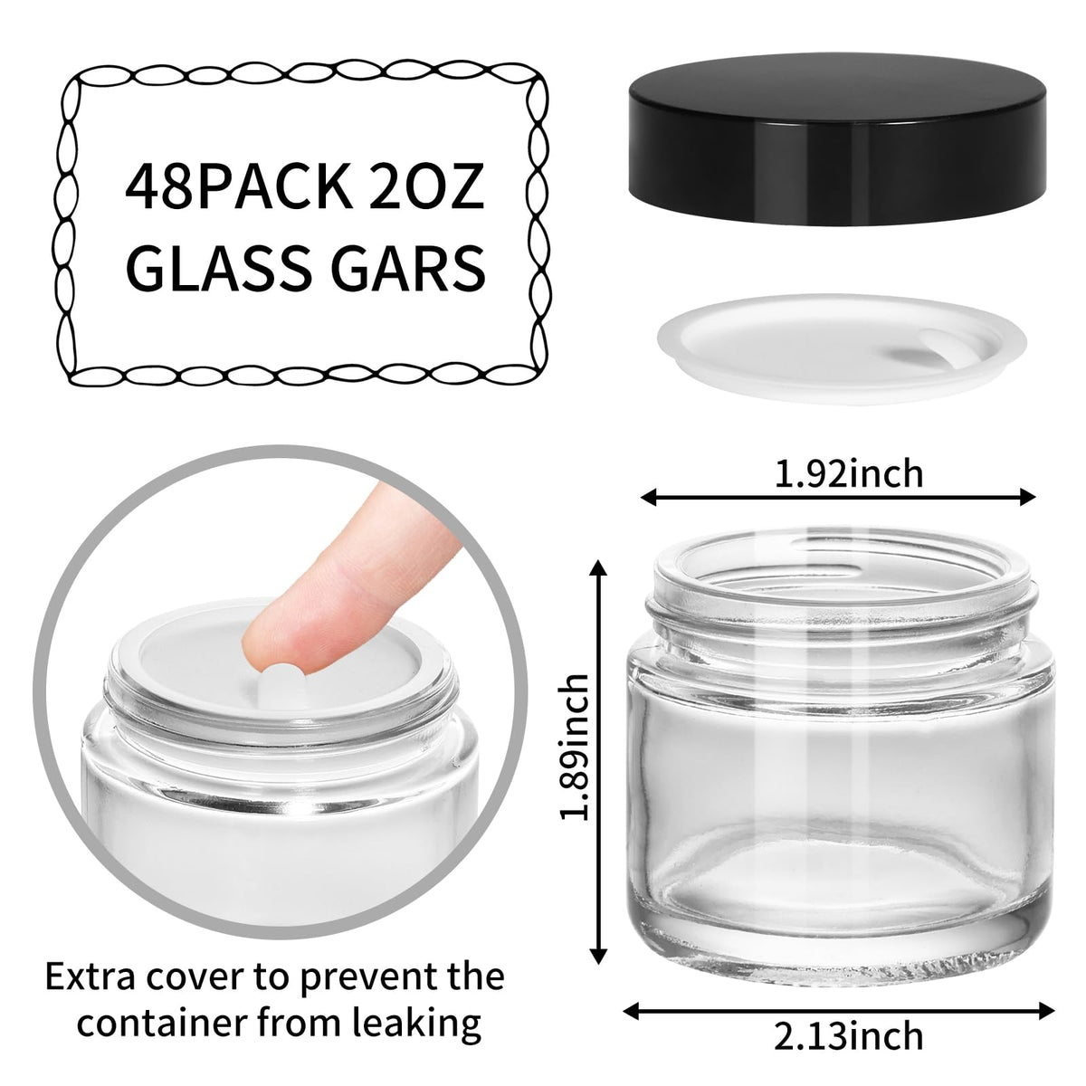 KeyWING 2oz glass jar with black lid, side view for compact travel packaging