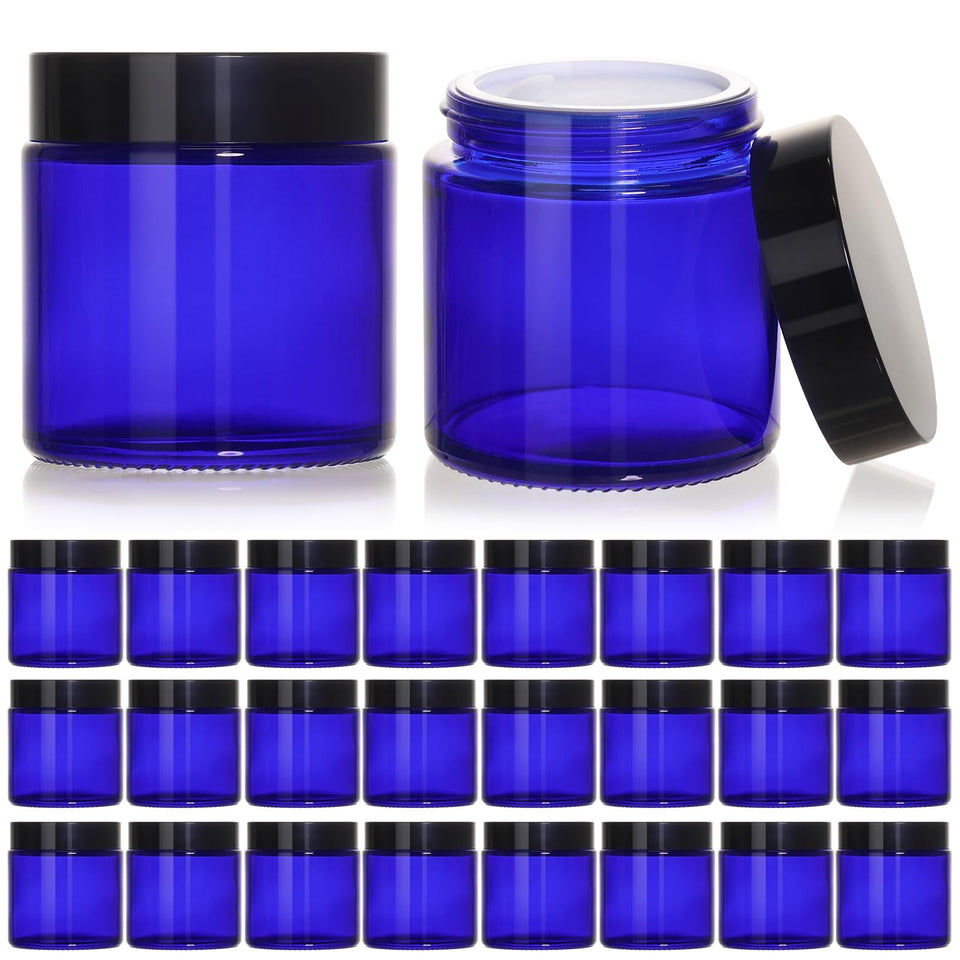 KEYWING 4oz blue glass jar with black lid protects cosmetics from light