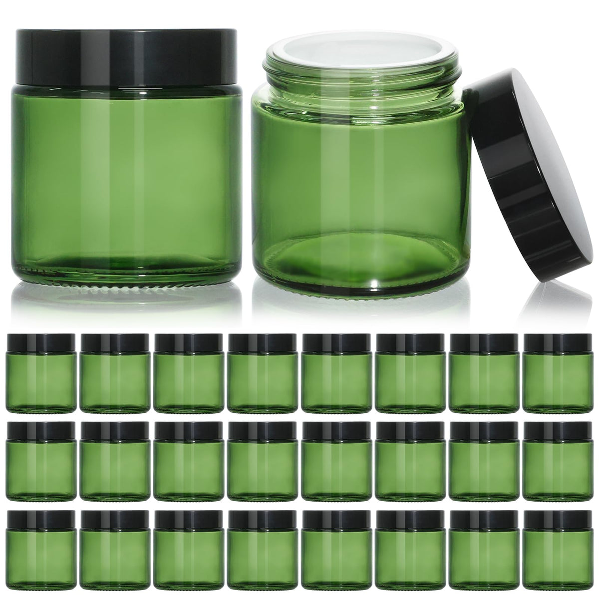 KEYWING 4oz green glass jar with black lid, ideal for lotion storage.