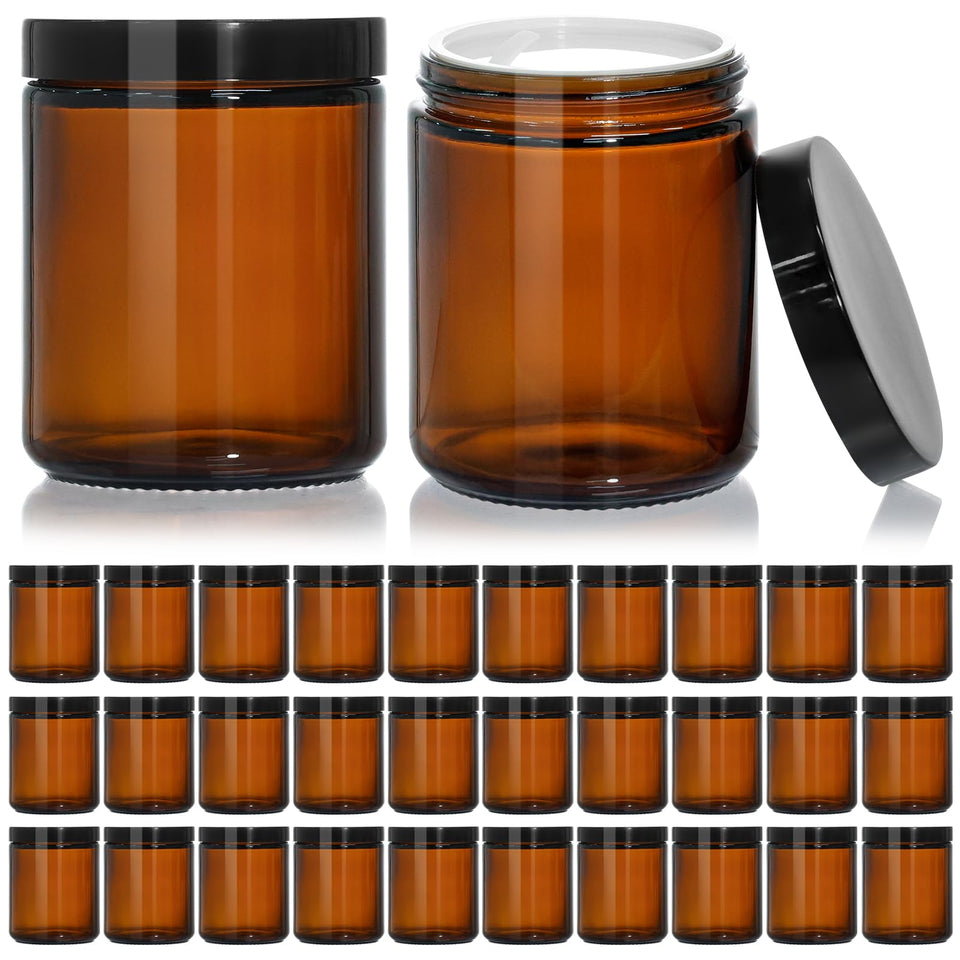 KeyWING 8oz amber glass jar with black lid protects cosmetics from UV light