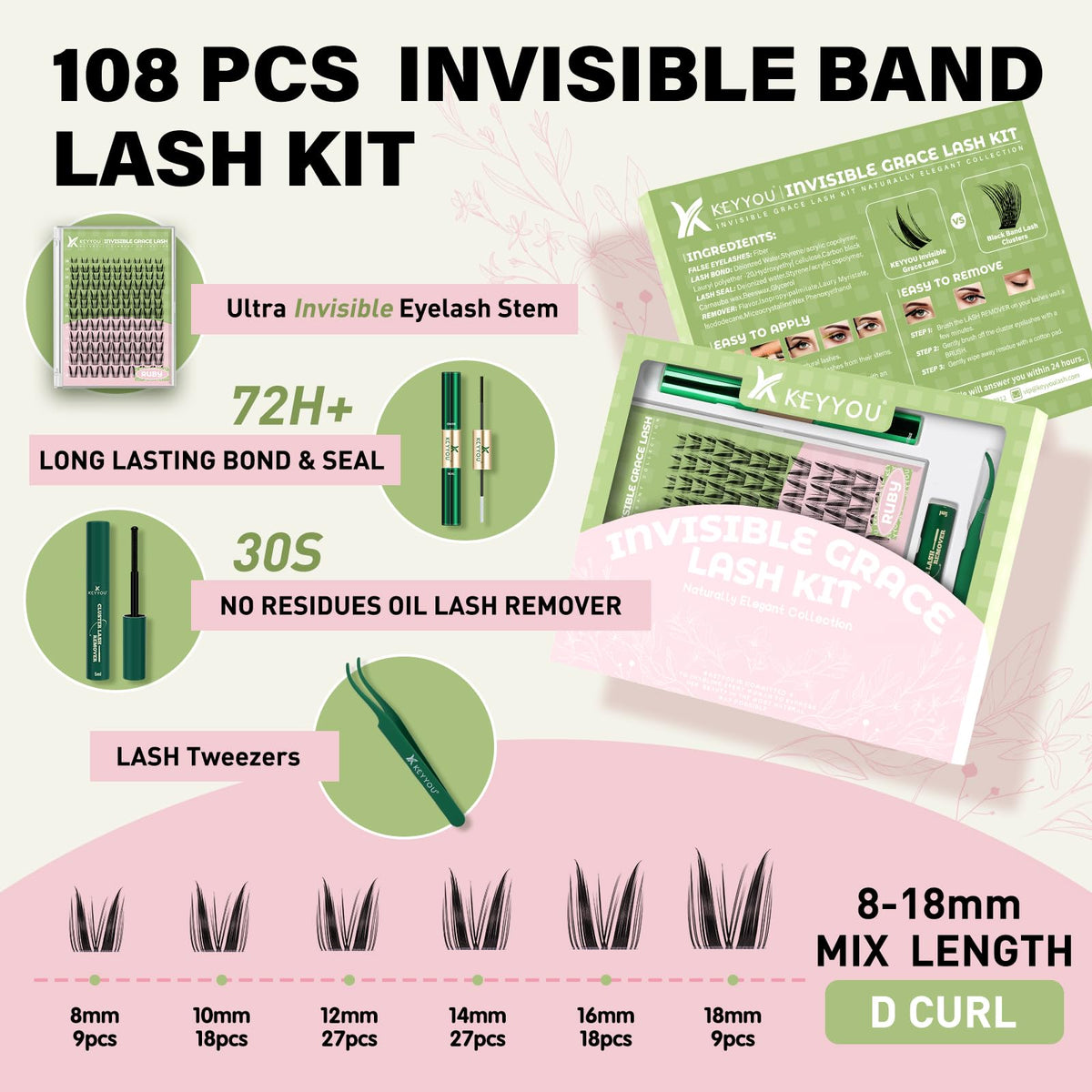 KEYYOU 108pcs lashes value pack laid out for multiple DIY applications.