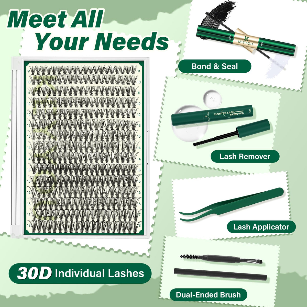 KEYYOU 30D C-Curl lash clusters in 9-18mm mix for customizable fullness.