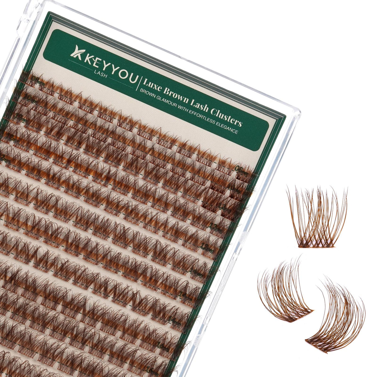 KEYYOU Brown Lash Clusters tray with 144pcs for versatile at-home lash DIY.