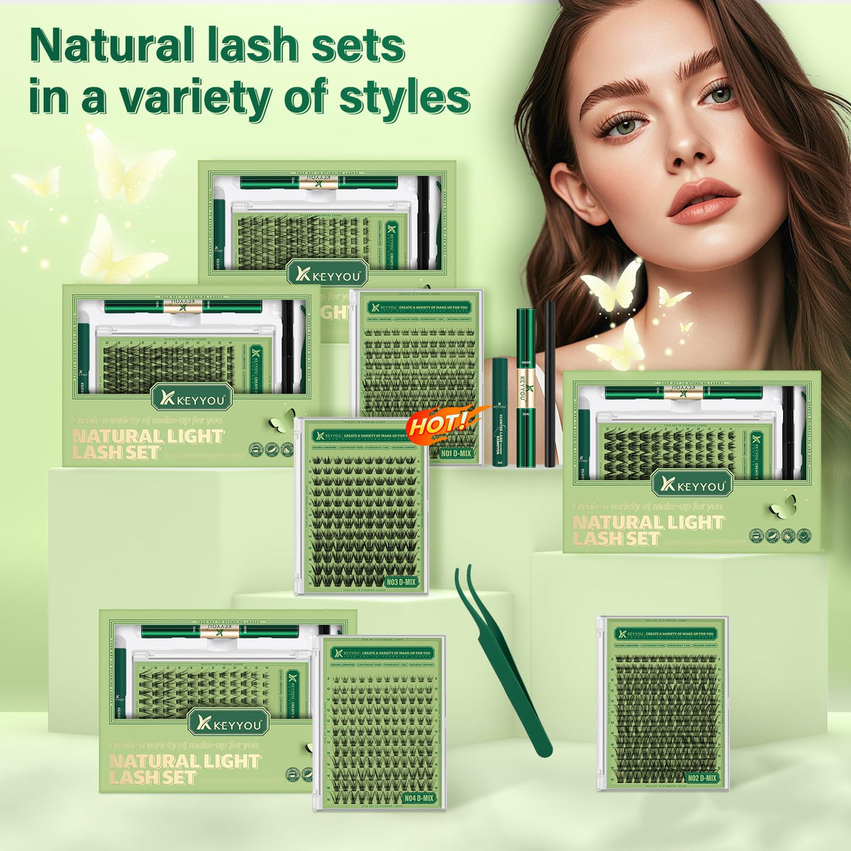 KEYYOU kit contents spread highlights 144 lashes and tools for seamless practice and quick styling.
