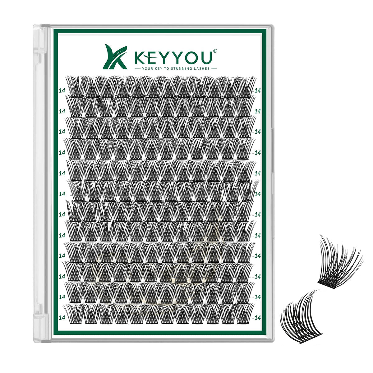 KEYYOU lash clusters 144pcs with D curl 14mm for all-day wear.