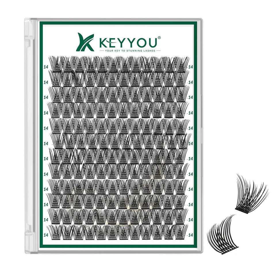 KEYYOU lash clusters 144pcs with D curl 14mm for all-day wear.