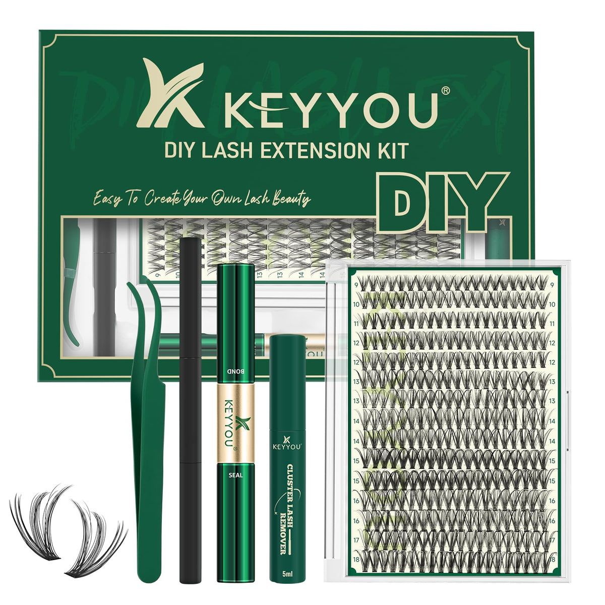 KEYYOU lash extension kit with 300 pieces for versatile at-home volume.