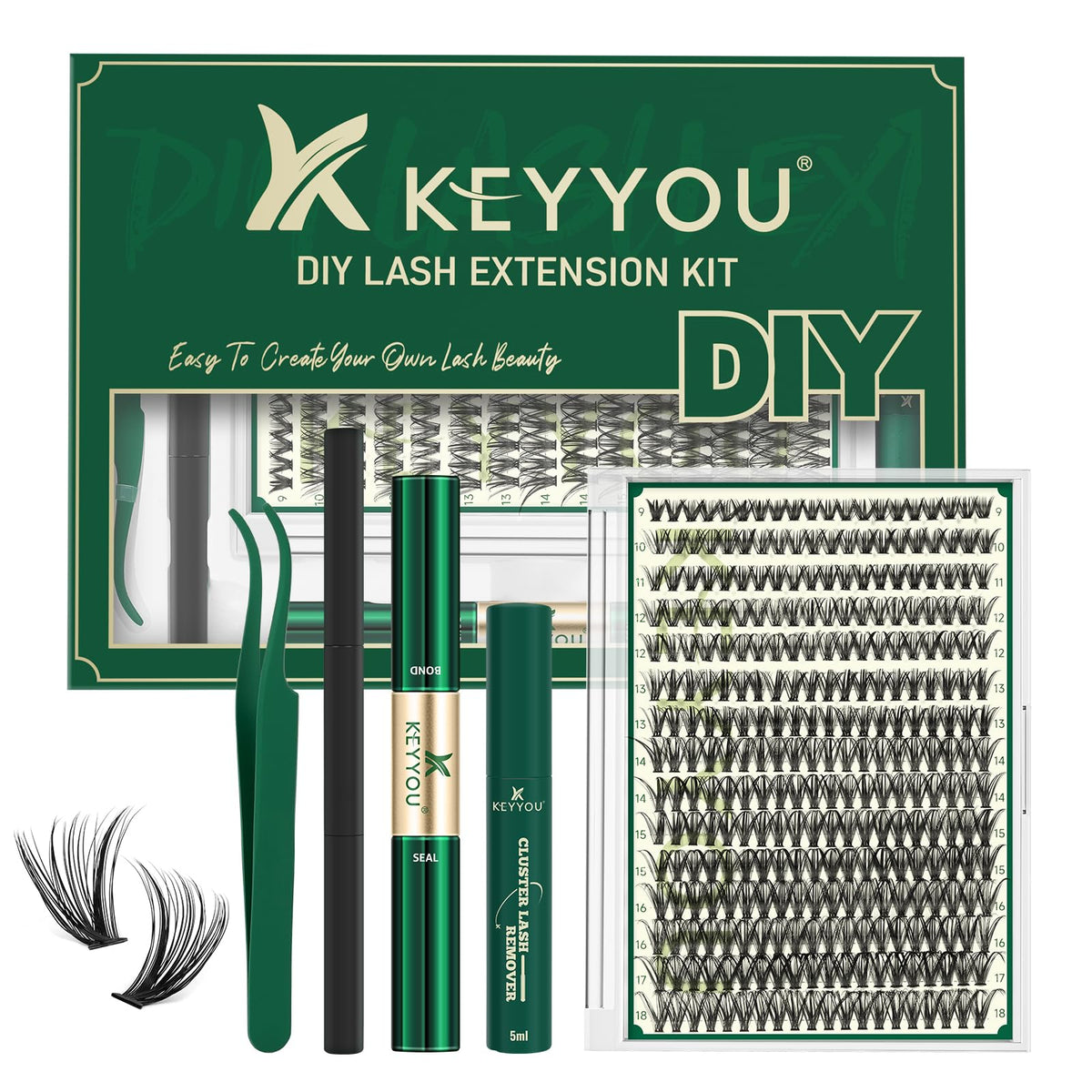 KEYYOU Lash Extension Kit 300Pcs with mixed lengths for DIY salon-quality volume at home.