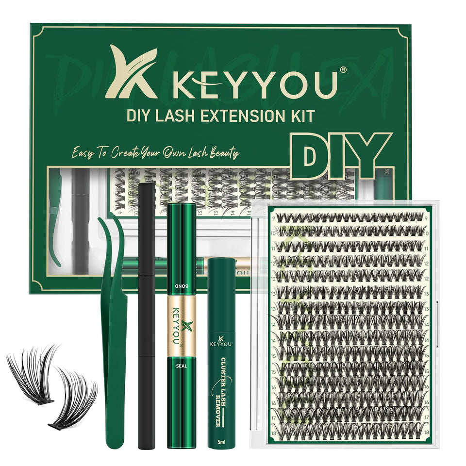KEYYOU Lash Extension Kit 300Pcs with mixed lengths for DIY salon-quality volume at home.