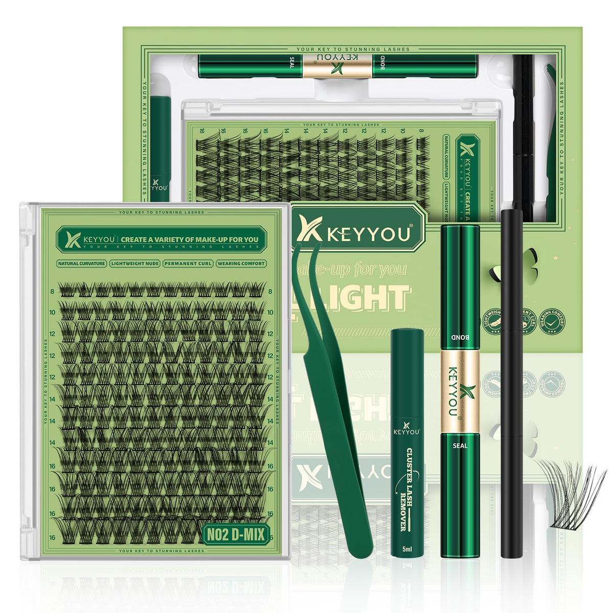 KEYYOU Natural Lash Clusters Kit packaging shows a compact set for easy travel and quick looks.