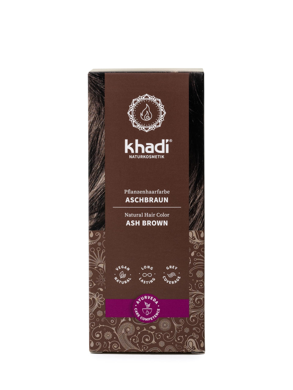 KHADI Ash Brown hair color packaging shows natural at-home dye solution