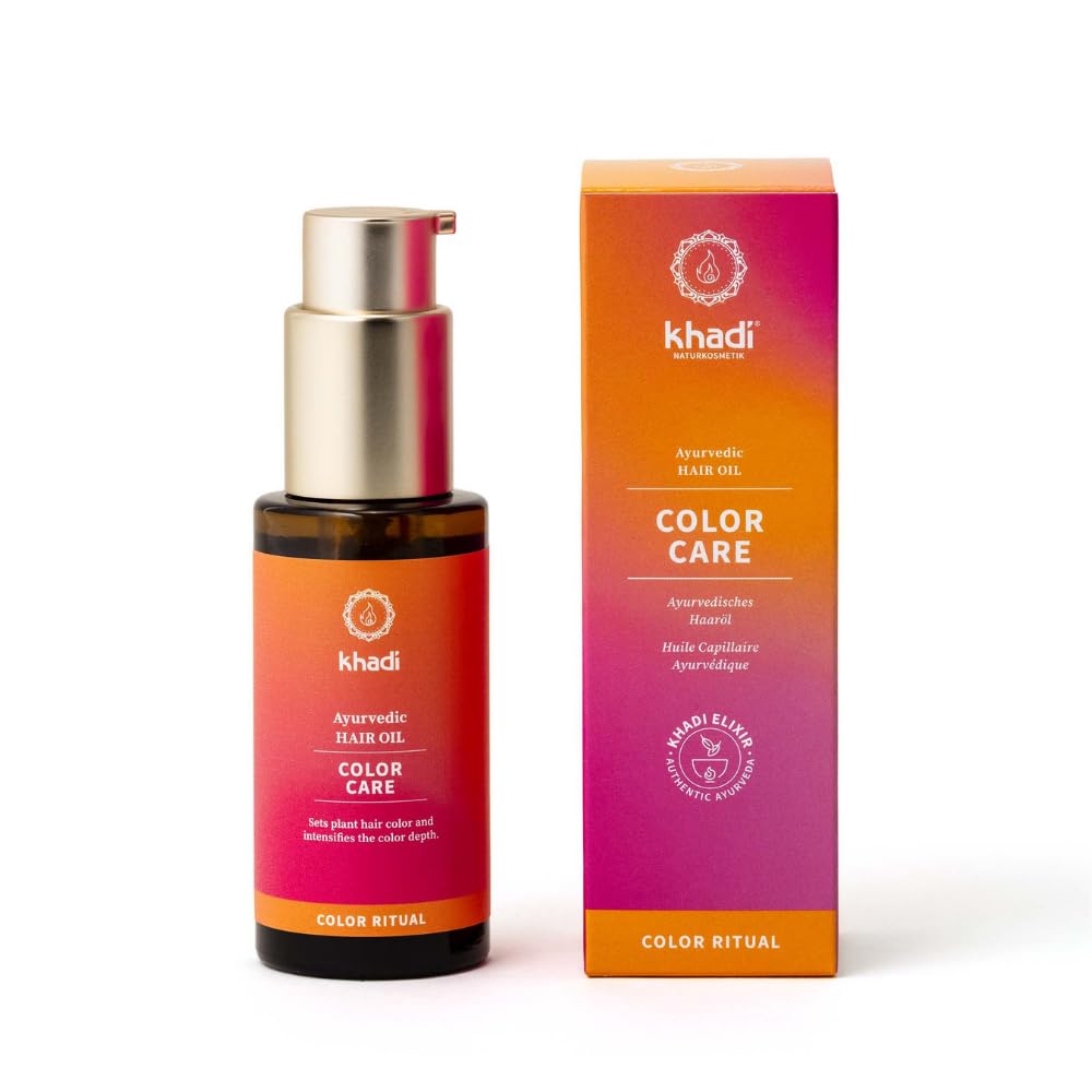 KHADI Color Care bottle pouring oil to fix plant-based color on hair