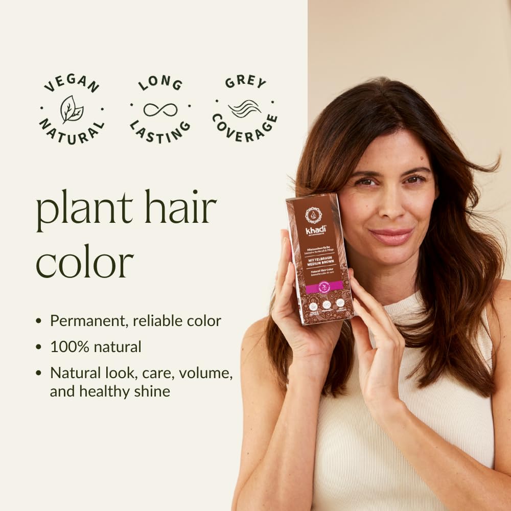 KHADI henna-indigo powder bottle highlights natural ingredients for gentle coloring.