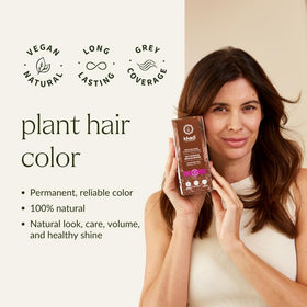 KHADI henna-indigo powder bottle highlights natural ingredients for gentle coloring.
