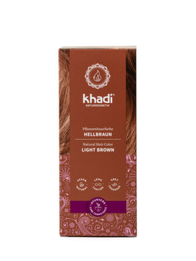 KHADI Light Brown Hair Color pack shot showing natural herbal formula for warm tones